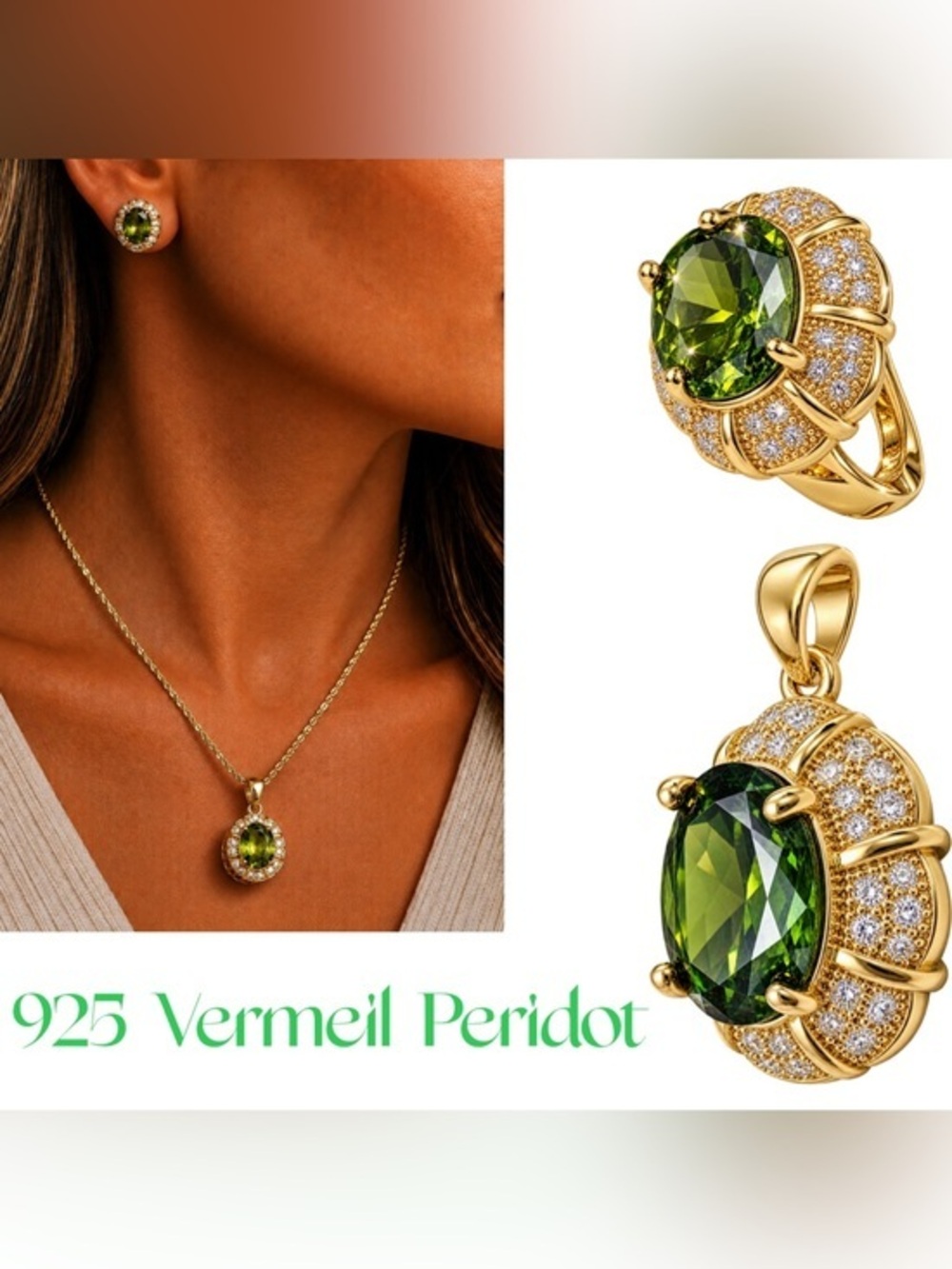 Vintage 2pc 1980’s Peridot Vermeil Necklace & Lever Back Earrings in EX COND